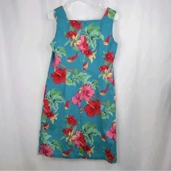 Caribbean Joe Tropical Print Cotton/Spandex blend Turquoise Dress Size M Petite - Picture 2 of 6